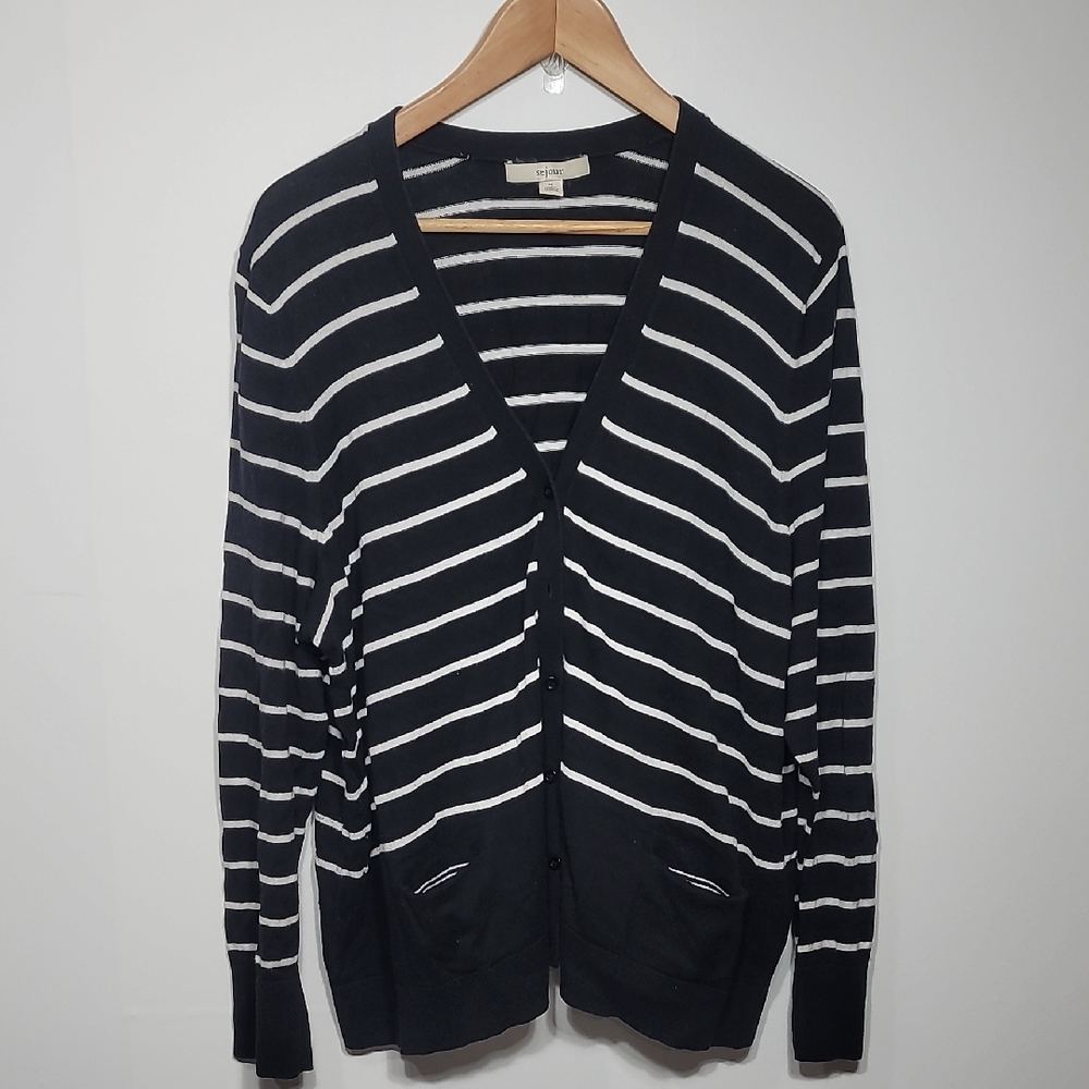 Sejour Black and White Striped V-Neck Cardigan
